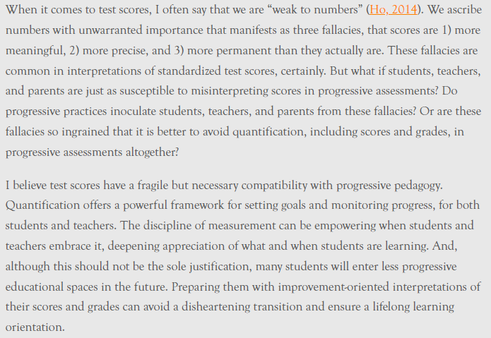 AndrewDeanHo's tweet photo. Do test scores have a place in "progressive pedagogy"? In this blog post for my old elementary school, @HanahauoliSch, I argue that that the compatibility is fragile... and necessary. @ProgressiveEdHI https://t.co/0upYp6Y6c3 https://t.co/alvkjhsuQL
