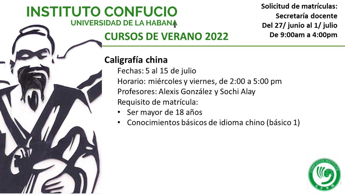 ConfucioHabana (@confucio_uh) on Twitter photo Cursos de verano 2022 del <a href="/Confucio_UH/">ConfucioHabana</a> .
Las matrículas están abiertas del 27 de junio al 1 de julio, entre las 9:00am y las 4:00pm , en la secretaría docente. Cursos de verano 2022 del <a href="/Confucio_UH/">ConfucioHabana</a> .
Las matrículas están abiertas del 27 de junio al 1 de julio, entre las 9:00am y las 4:00pm , en la secretaría docente.