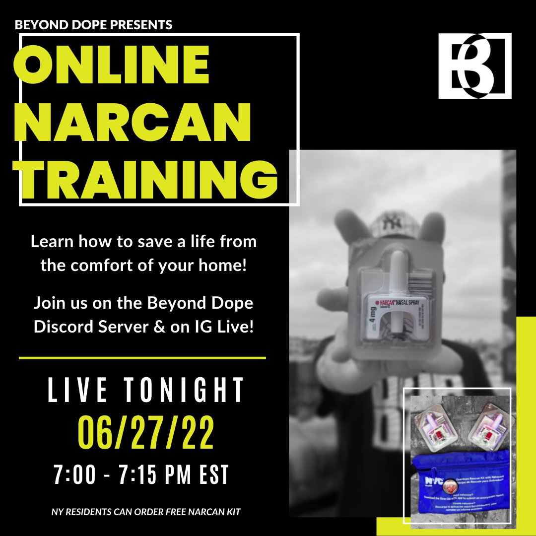 LiveBeyondDope's tweet photo. TONIGHT @ 7PM ET - JOIN US FOR AN ONLINE #NARCANTRAINING VIA IG LIVE + THE BEYOND DOPE DISCORD SERVER!

join our discord server: https://t.co/TseLpTjZ2Q
beyond dope IG: https://t.co/iCapTcb2Vr

#narcan #naloxone #harmreduction #festivals #electricforest https://t.co/AgjsuZS0wC