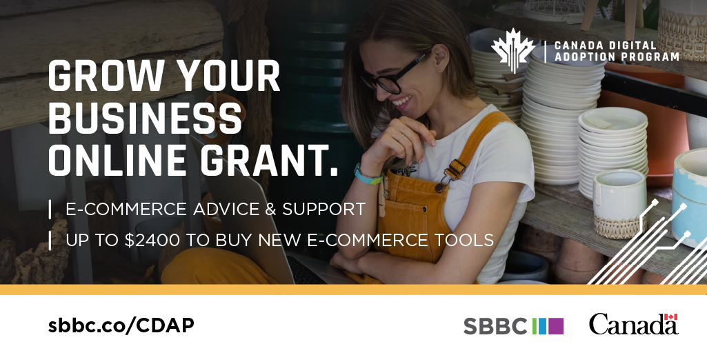 SmallBusinessBC's tweet photo. Applications are now open! The #CDAP Grow Your Business Online #grant gives BC #SmallBusiness owners access to E-commerce Advisors for advice and support, and a micro-grant of up to $2,400 to purchase new e-commerce tools. Learn more and apply today at: https://t.co/R9uo4E1R20 https://t.co/wpByKoHPTK