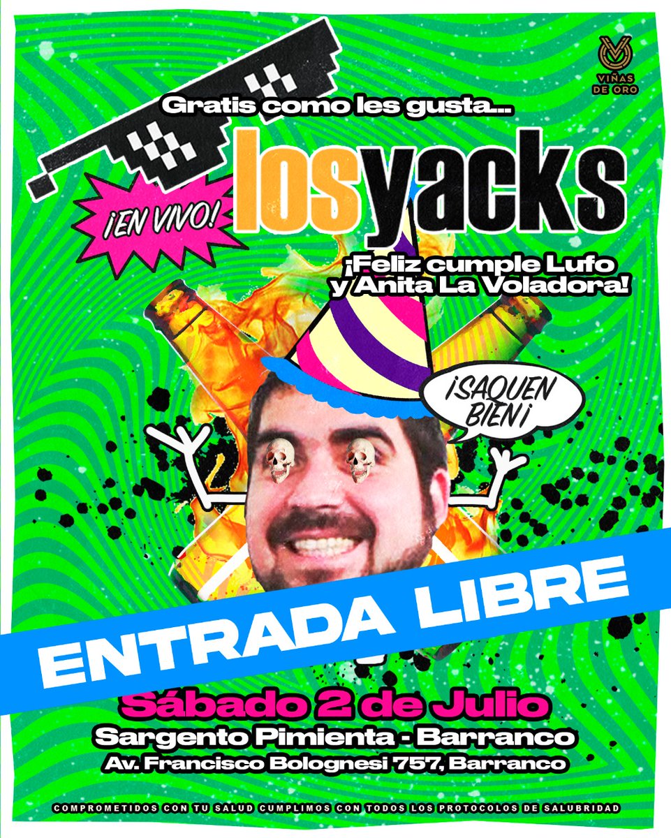 losyacks's tweet photo. Este sabado en el @SargentPimienta  x el cumple de #Lufo entrada libre como te gusta miserable! 😎

#losyacks #sargentopimienta #chongorock #rockperuano #conciertosperu https://t.co/W6Mu4EZEkN