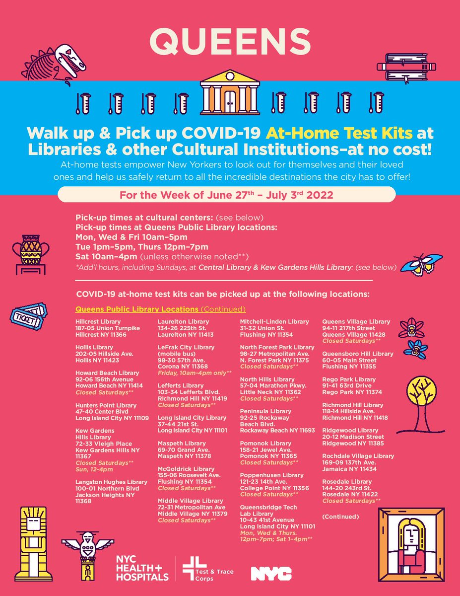 Commonpoint_Qns's tweet photo. It's #GetTestedTuesday! Get a free #COVID19 test at @NYCHealthSystem sites across Queens including @QueensMuseum, @NYCGothamHealth, @LIFECampInc, & @JeniferRajkumar's office, or pick up home tests from @queensbotanicl, @QueensTheatre, @FlushingTwnHall, or any @QPLNYC library! https://t.co/bjz95Conhf