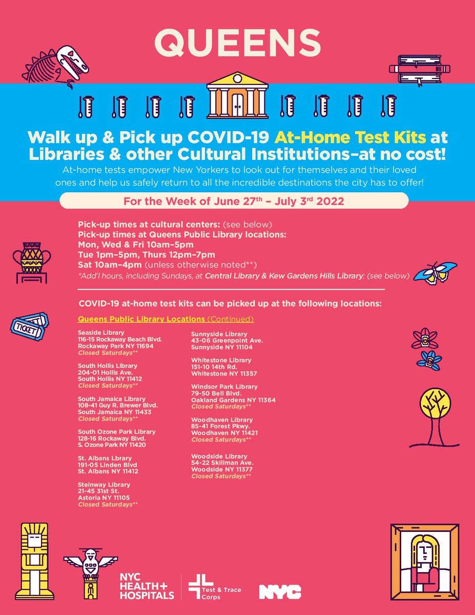 Commonpoint_Qns's tweet photo. It's #GetTestedTuesday! Get a free #COVID19 test at @NYCHealthSystem sites across Queens including @QueensMuseum, @NYCGothamHealth, @LIFECampInc, & @JeniferRajkumar's office, or pick up home tests from @queensbotanicl, @QueensTheatre, @FlushingTwnHall, or any @QPLNYC library! https://t.co/bjz95Conhf