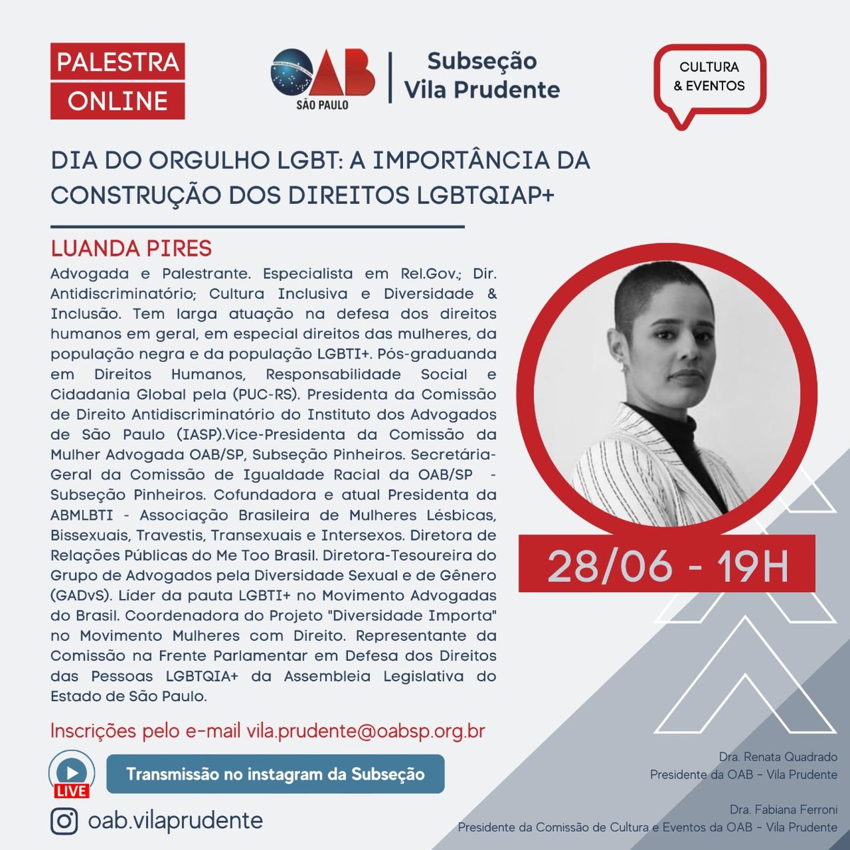 Amanhã (28/06), às 19:00h, ministrarei uma palestra online em homenagem ao Dia Internacional do Orgulho LGBTQIAP+.

A transmissão será feita através do Instagram oficial da OAB/SP - Subseção de Vila Prudente (<a href="/oab/">Obleo A. Beck</a>.vilaprudente).

Não percam!

#orgulholgbt #mesdoorgulho #pride