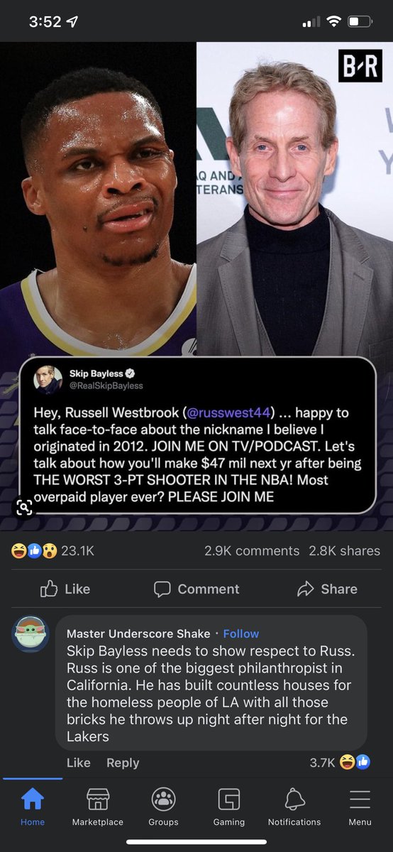 LeeroyHabern's tweet photo. idk what’s better, @RealSkipBayless challenging Russell or dudes reply below 😂 💀 gold https://t.co/1ebmUNyPV0