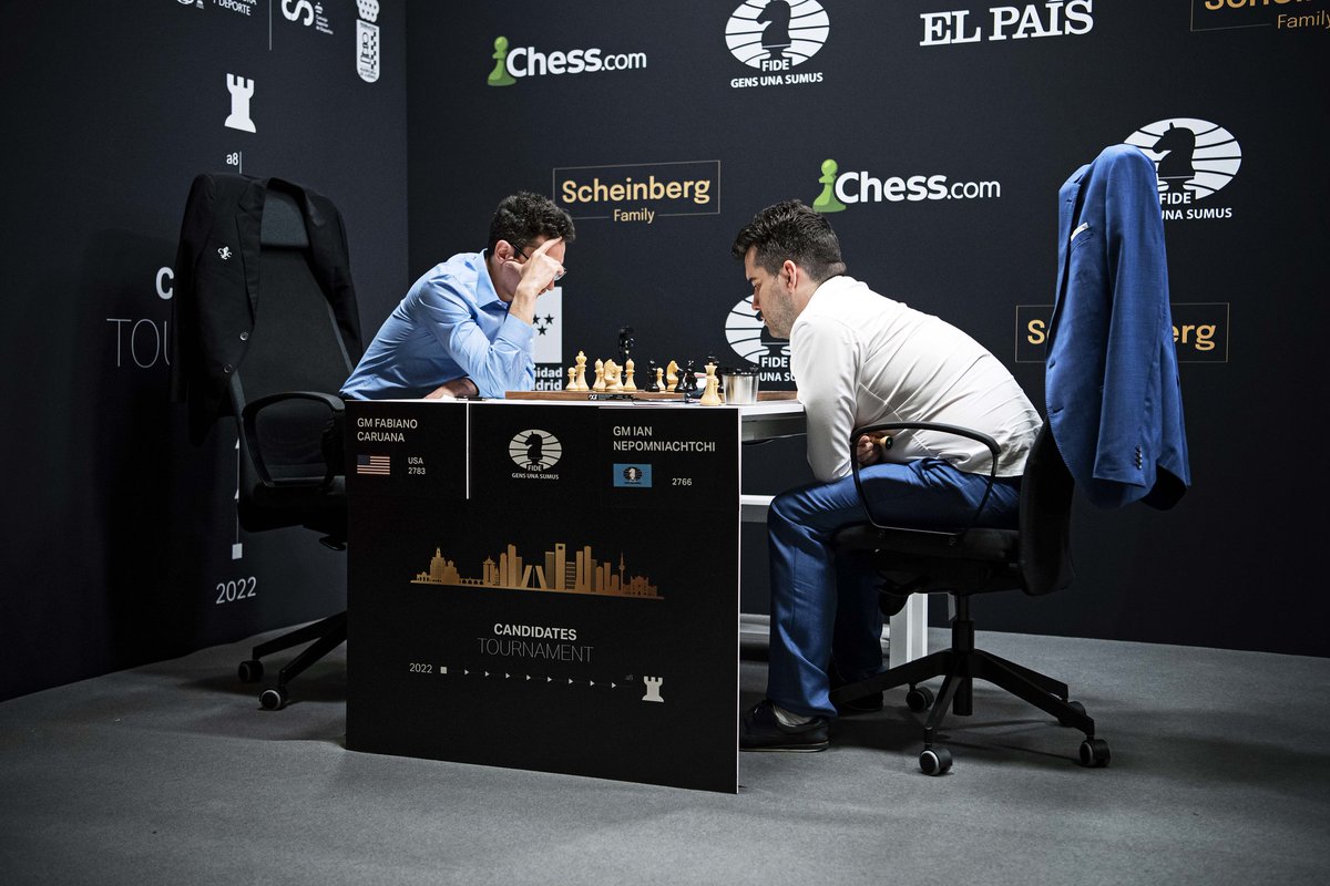 GMJuditPolgar's tweet photo. 🎙The #FIDECandidates 2022 R9 was full of excitement!❤️ The Fabi vs Nepo duel was in the center of attention, Caruana had an amazing prep again but Nepo is simply a genius in handling the difficult situations. 🙂

#ChessConnectsUs #ChessRocks #Madrid 
Photo: FIDE/Stev Bonhage https://t.co/biCBiuu67z