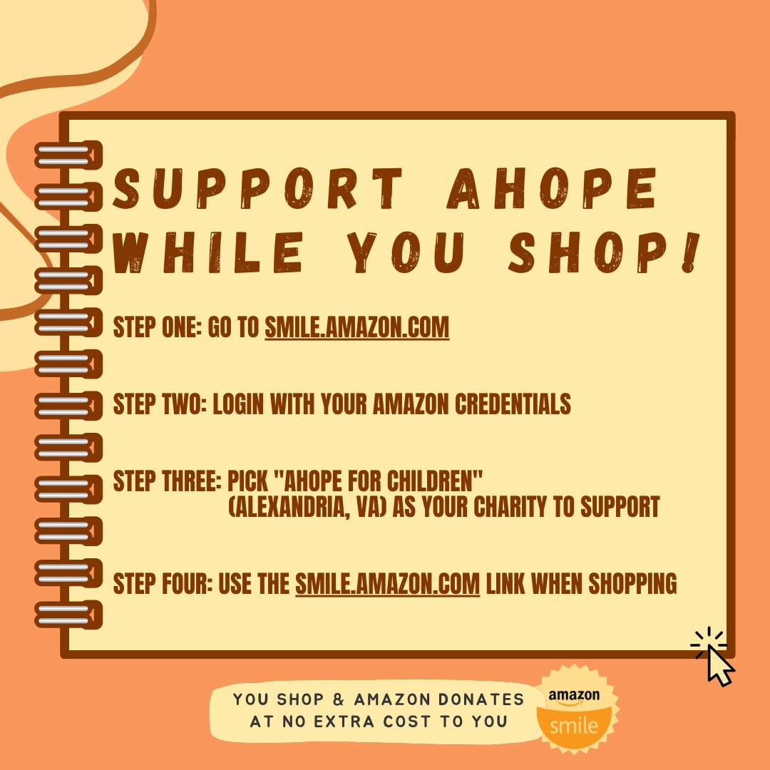 AHOPE4children's tweet photo. Do you shop on Amazon? Follow these quick steps to have a portion of your Amazon purchases benefit AHOPE! https://t.co/fJatxWkuJn