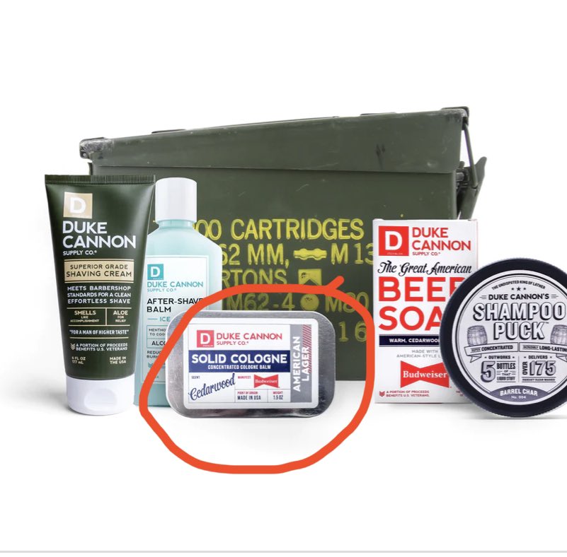 Rodger730065431's tweet photo. @Kristyann39 #DukeCannon. Comes in a metal ammo box. Itโs a solid cologne and the ladies love it. https://t.co/VZAyyu6TKF