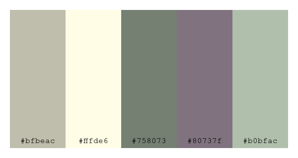 ColPaletteBot's tweet photo. Beep beep, here's a pretty color palette for you! 

color-scheme.js parameters used: 
- hue: 317
- variation: pale
- colors: #bfbeac, #fffde6, #758073, #80737f, #b0bfac

Have a lovely evening!

#twitterbot #colorpalette #colors #palette #prettycolors https://t.co/zinBNLgsun