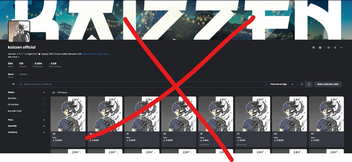 😡Scam Alert!!!!😡

Kaizzen official has a scam Account on opensea !!

Please Report and Do not mint anything in there.

This is Project main on ParasHQ  Only!!!!

<a href="/kukrub_/">Shadow Fiend Gang</a>  is the real author of these artworks

Please report 
here:opensea.io/collection/kai…