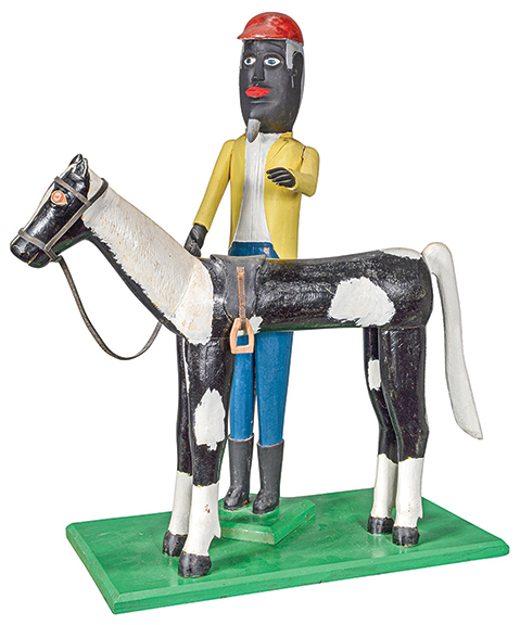 AntiqueDigest's tweet photo. Edgar Tolson (1904-1984), "Jockey with Horse," carved and painted wood, 23" x 28½" x 11½", one of two produced, sold for $12,500 (est. $10,000/20,000) at @SlotinFolkArt https://t.co/MmngX2sSmX #vintage #appraisal #art #artist #folkart #OutsiderArt #Outsider #selftaught #Tolson https://t.co/CTc4inzkif