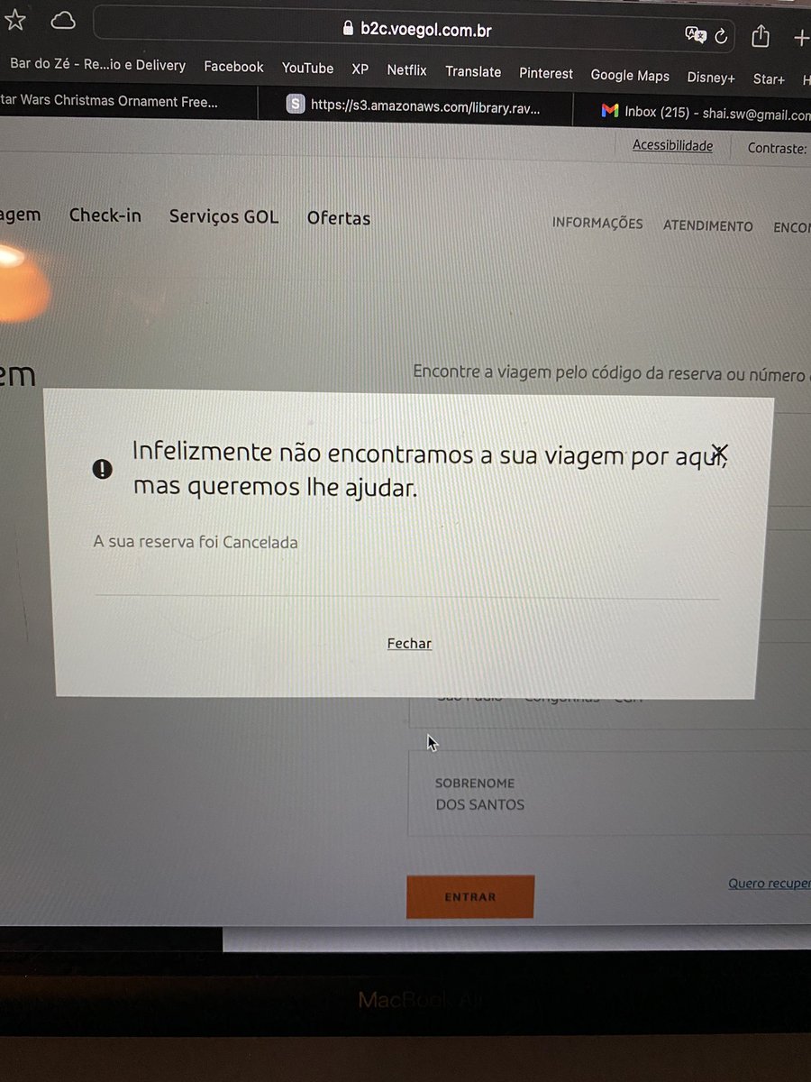 Alô, <a href="/VoeGOLoficial/">GOL Linhas Aéreas</a> ! Recebi e-mail há 2 horas sugerindo compra de despacho de bagagem pra essa reserva, mas qnd faço login no site e procuro a mesma, é isso q eu encontro.
Tô já há 30 min tentando falar com vcs, mas só tô no chá de cadeira.
Vou ter q chamar a ANAC.