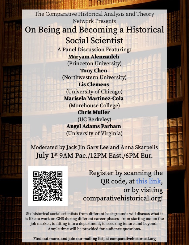 Comparative Historical Analysis and Theory (CHAT) (@csocialscience) on Twitter photo Happening this Friday at noon EDT! A discussion on being a CH social scientist with <a href="/MaryamAlemzadeh/">Maryam Alemzadeh</a>, Tony Chen, Lis Clemens, Chris Muller, <a href="/AngelParham/">Angel Adams Parham</a>; organized and moderated by @akmskarpelis and Gary Lee. register at stonybrook.zoom.us/meeting/regist… Happening this Friday at noon EDT! A discussion on being a CH social scientist with <a href="/MaryamAlemzadeh/">Maryam Alemzadeh</a>, Tony Chen, Lis Clemens, Chris Muller, <a href="/AngelParham/">Angel Adams Parham</a>; organized and moderated by @akmskarpelis and Gary Lee. register at stonybrook.zoom.us/meeting/regist…