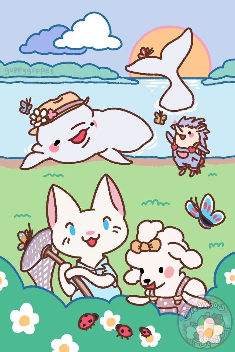 Final part of the park theme postcard set :) I plan to do flower themed sticker designs next! 
#art #digitalart #OC #cat #dog #hedgehog #beluga