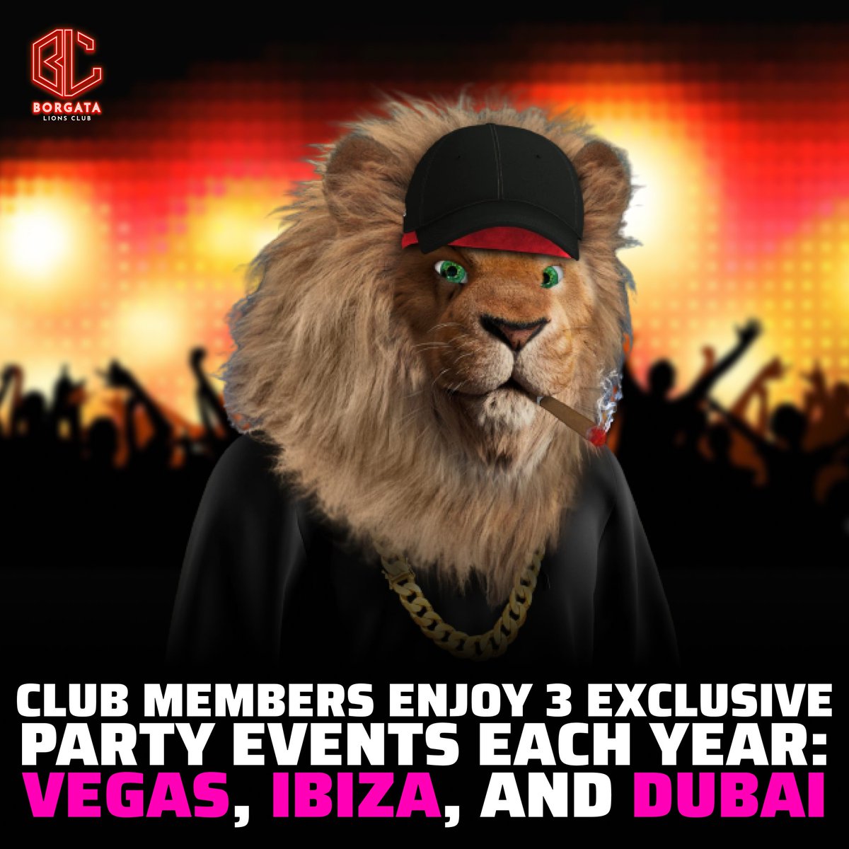 BorgataClub's tweet photo. Club members enjoy 3 exclusive party events each year: Vegas, Ibiza, and Dubai.

#borgatalionsclub #nft #NFT #NFTS #cryptoart #bayc #apesinspace #fatapeclub #partyapes
#NFTcollector #modernart #crypto #3Dart #digitalillusions https://t.co/oLWIdE4MsG