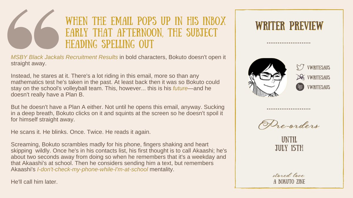 🌿Contributor Preview🦉
Take a look at this fic preview made by one of our outstanding writers, <a href="/vwritesaus/">v | you were always my secret</a> !

You can read the full fic when you preorder Stored Love, a Bokuto zine, so don't delay and order here today ! storedlovezine.bigcartel.com 💛