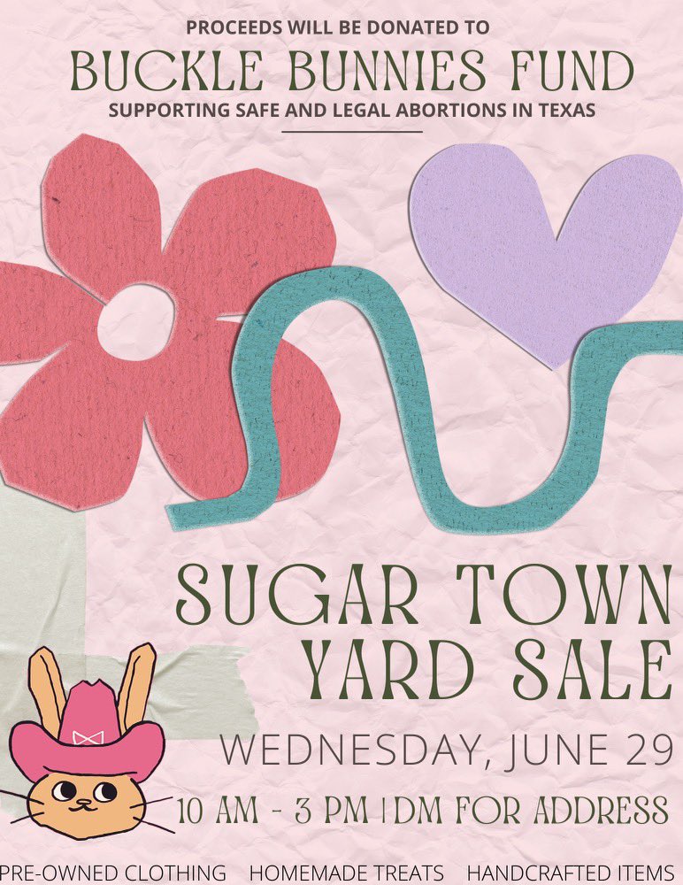 Join my lovely roommates and I at our yard sale to raise funds for @BBFundTX 🐰🧶 Wed. Jun 29, DM for address Please share!
