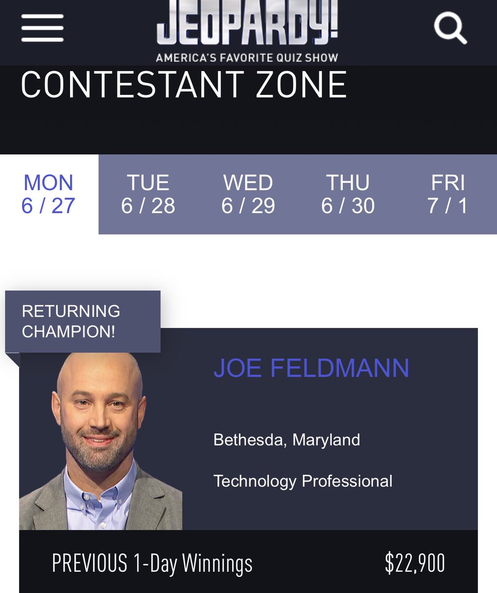 drVTW's tweet photo. Excited about my friend and teammate Joe Feldmann returning as @Jeopardy champion tonight. You have been winning since HS (east regional), @SOUL_Programs and now Jeopardy. Keep it up champ 🏀😎🤓 https://t.co/286KFBbUlw