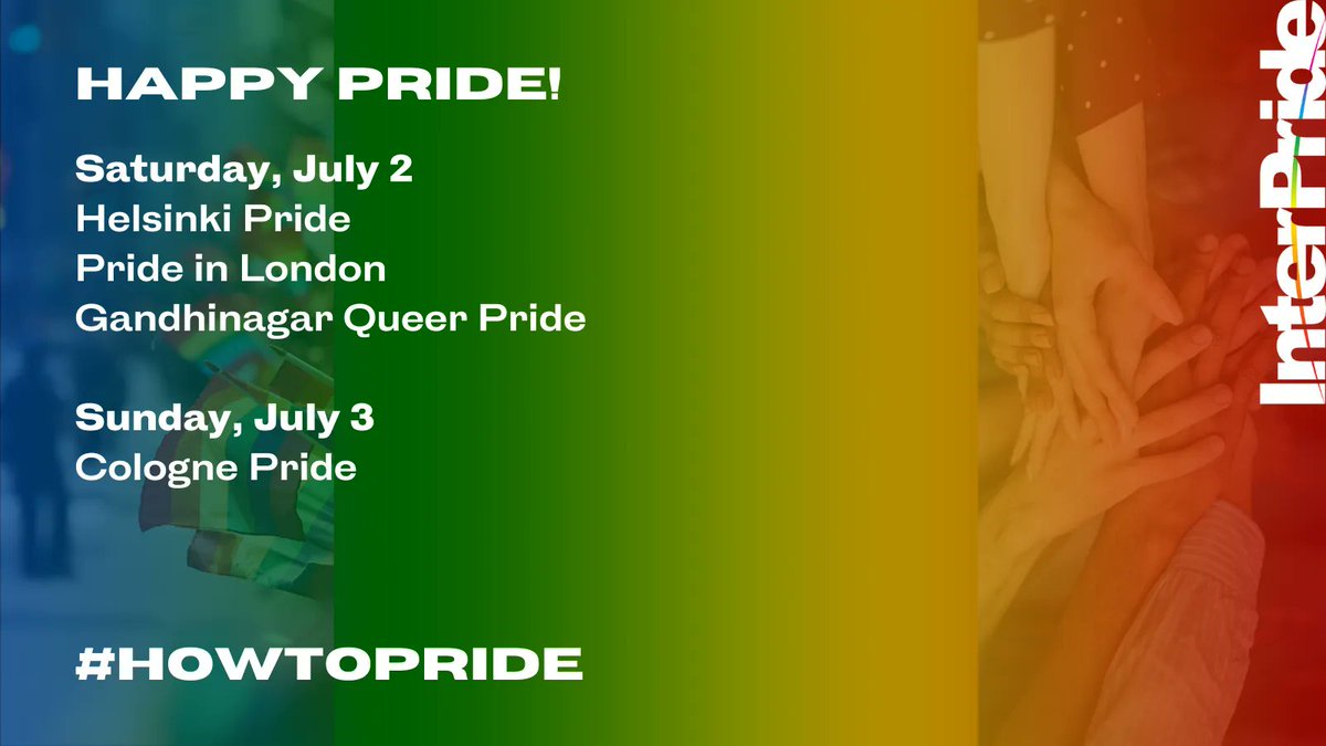 InterPride's tweet photo. With so many #Pride’s happening worldwide, here’s your weekly roundup on “How to Pride” this Pride week!
#InterPride #Pride #LGBT #LGBTQIA #LGBTQIAPlus #PrideMonth #HowToPride #Finland #England #India #Germany
@helsinkipride @PrideInLondon @GandhinagarQue1 @ColognePride https://t.co/Yv2RqRzwGn