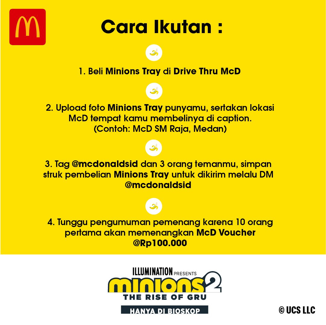 McDonalds_ID's tweet photo. Udah punya Minion Tray dari McD? Ayo ikut foto kompetisinya &amp; menangkan hadiah McD Voucher senilai Rp100.000 masing-masing untuk 10 pemenang!

Upload foto Minion Tray-mu ke IG Feed, sertakan lokasi McD tempat kamu membelinya, Tag 3 teman &amp; (@)McDonaldsid dan hashtag #MinionsTray https://t.co/glGM9bb3O3