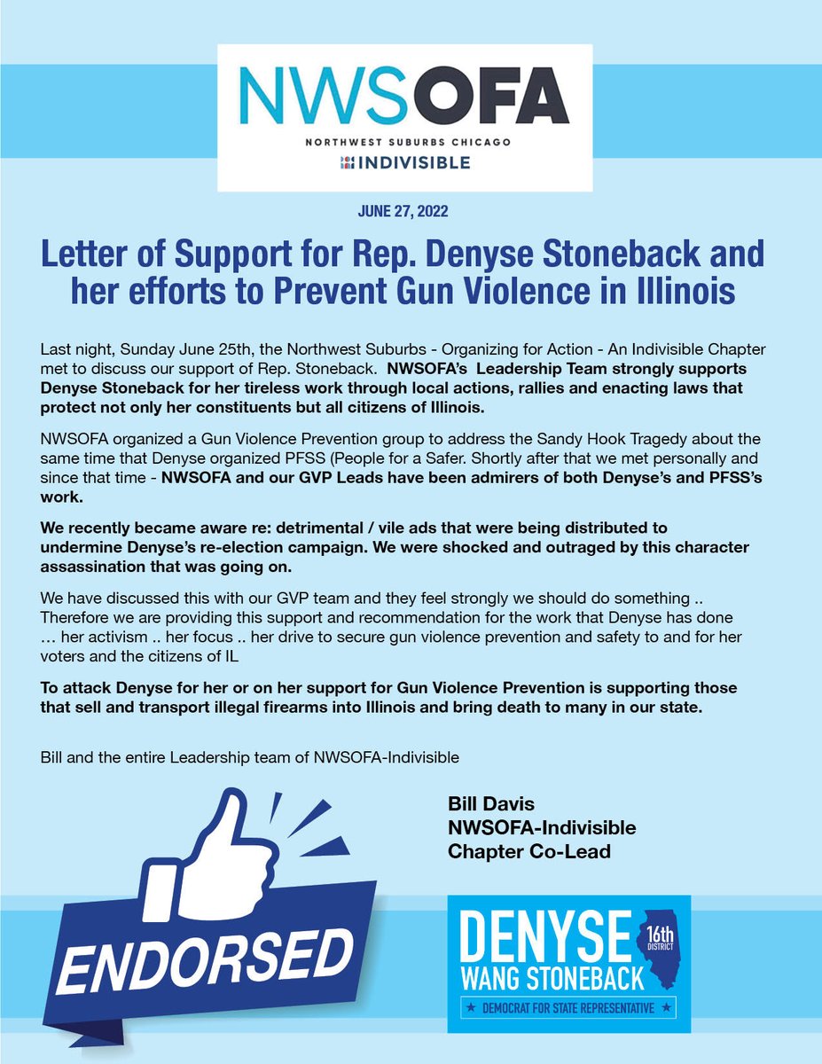 DenyseRep's tweet photo. Thank you @NWSOFA for your letter of support and endorsement. Gun Violence Prevention has been a focus of our campaign and I am committed to finding a real solutions and honoring victims with action!

Welcome to #TeamDenyse https://t.co/L8r9omnxYV