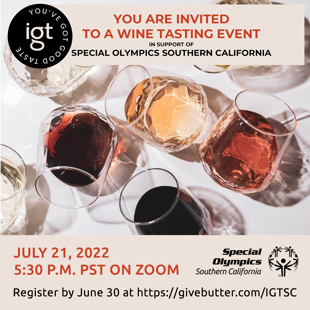 SOSoCal's tweet photo. ⏰ REGISTER BY JUNE 30TH! ⏰

The Special Olympics Southern California and In Good Taste Wine Mixer is coming up and you don't want to miss it! 🍷😋✨

Register Here: https://t.co/j6njABxmgR 

#WeAreSOSC #Wine #Fundraiser #InGoodTaste #WineMixer #WineTasting https://t.co/HROq2KLkSQ