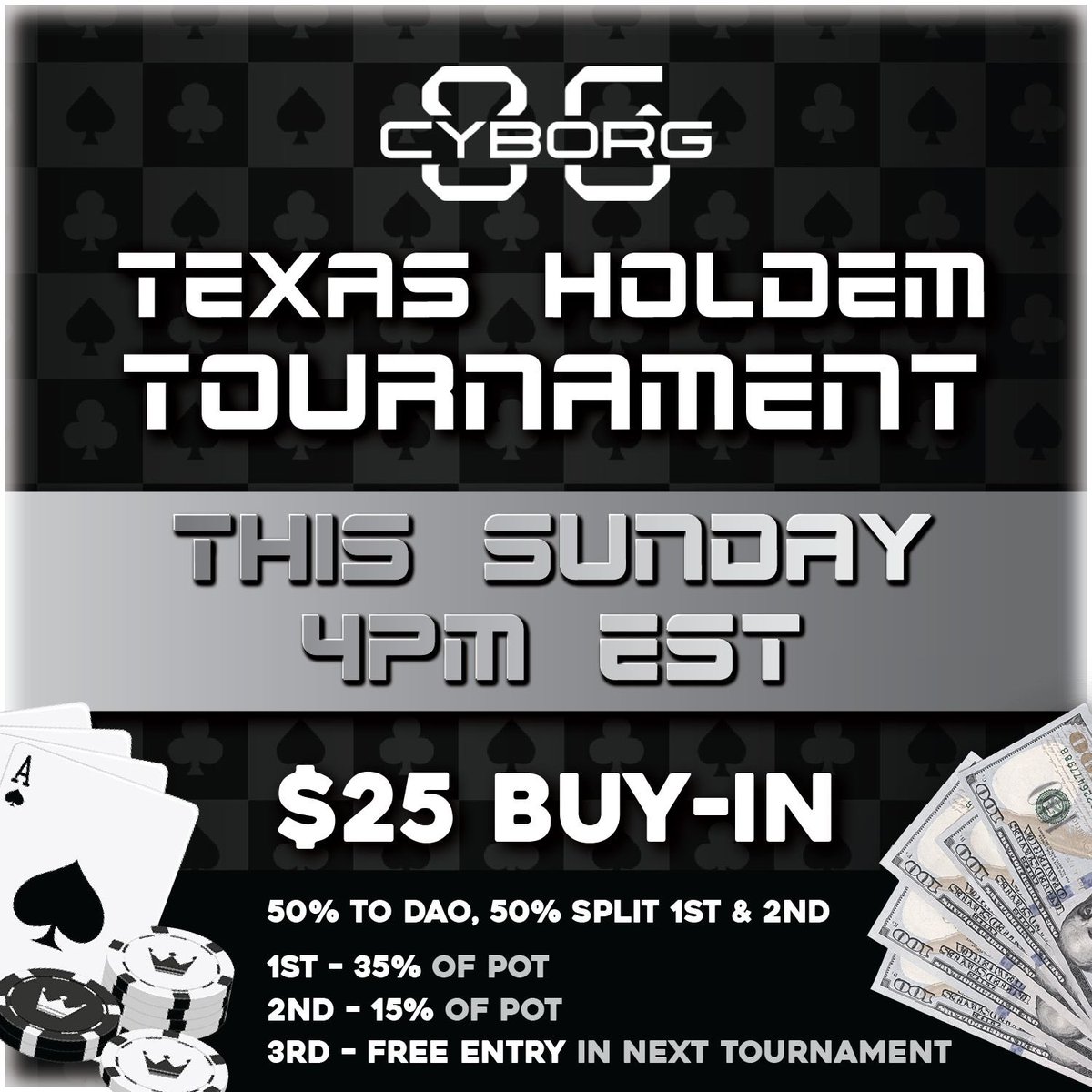 Cyborg86nft's tweet photo. Who’s READY for Poker Night Round 2!? 

POKER TOURNAMENT this SUNDAY 7/3 @ 4PM EST 🃏♠️  

$25 BUY IN
50/50
1st Place - 35% of Prize Purse
2nd Place - 15% of Prize Purse
3rd Place - FREE Entry in next Tourney

Info in bio link. https://t.co/5LhS2AChNm