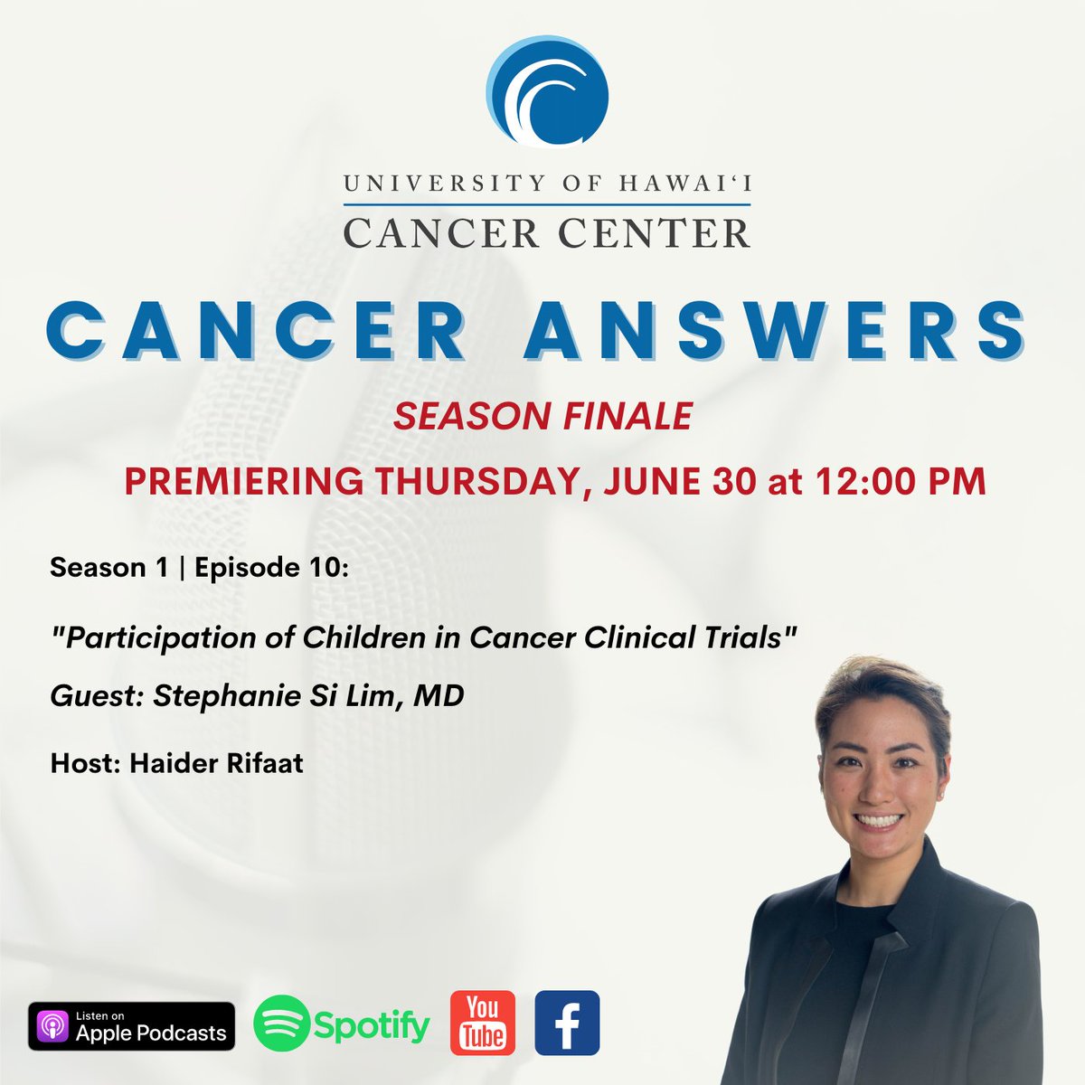 UHCancerCenter's tweet photo. CANCER ANSWERS season one finale airs THIS THURSDAY at 12PM on Apple Podcast, Spotify, YouTube and Facebook. Join our host Haider Rifaat as he talks to Stephanie Lim, MD about the role of children in cancer clinical trials. 

#children #clinicaltrials #cancerchildren #cancer https://t.co/6P4eCMeDw4