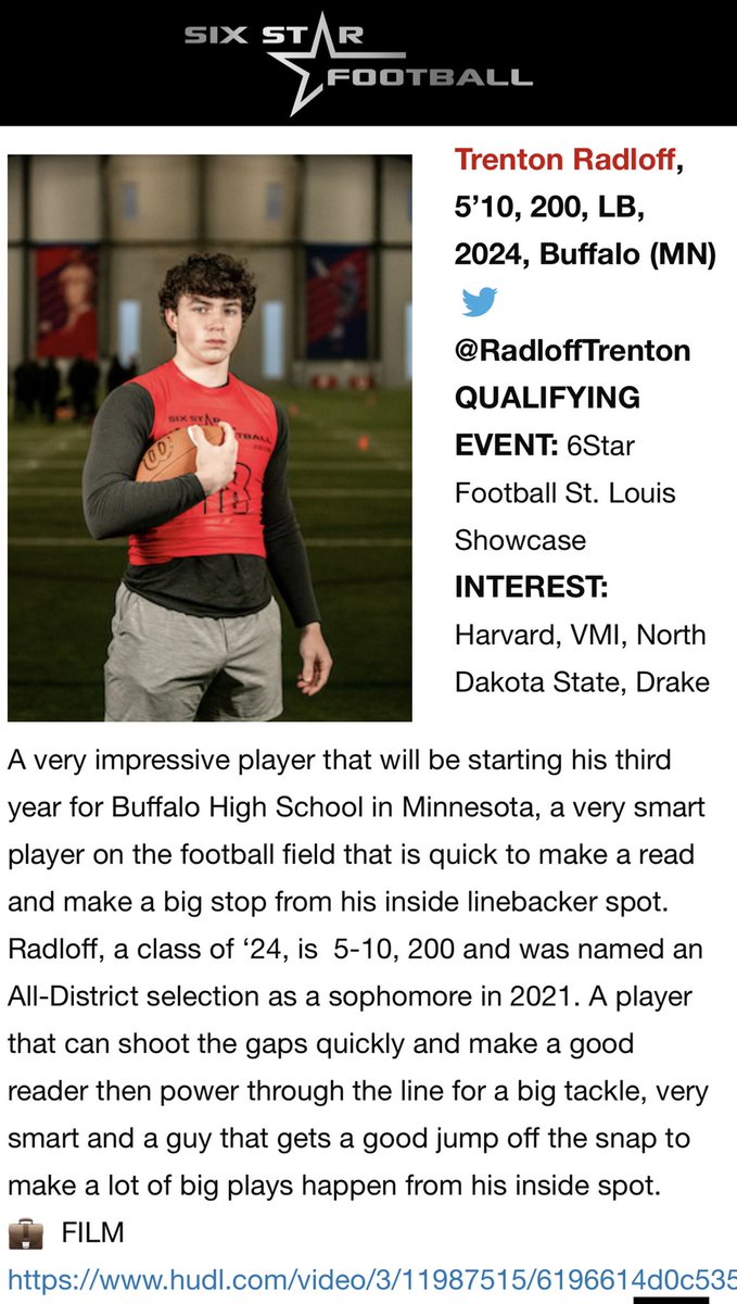 RadloffTrenton's tweet photo. Thanks for the write-up &amp; support @6starfootballFL-missed the finals but recovered from the hamstring pull &amp; on an Ivy Camp trip next week to #EarnASpot @yalefootball @HarvardFootball @PrincetonFTBL @CULionsFB @emoneyshow @CoachPerrone @BenjaminRohaly @_Todd_Olson @mjfrecruits https://t.co/KvYdOw0f4P