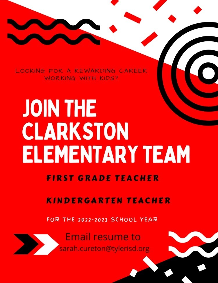 Clarkston Elementary (@clarkstontisd) on Twitter photo We are looking to grow our team! Now interviewing for kindergarten and first grade positions and we would love to speak with you!
Email resumes to sarah.cureton@tylerisd.org We are looking to grow our team! Now interviewing for kindergarten and first grade positions and we would love to speak with you!
Email resumes to sarah.cureton@tylerisd.org