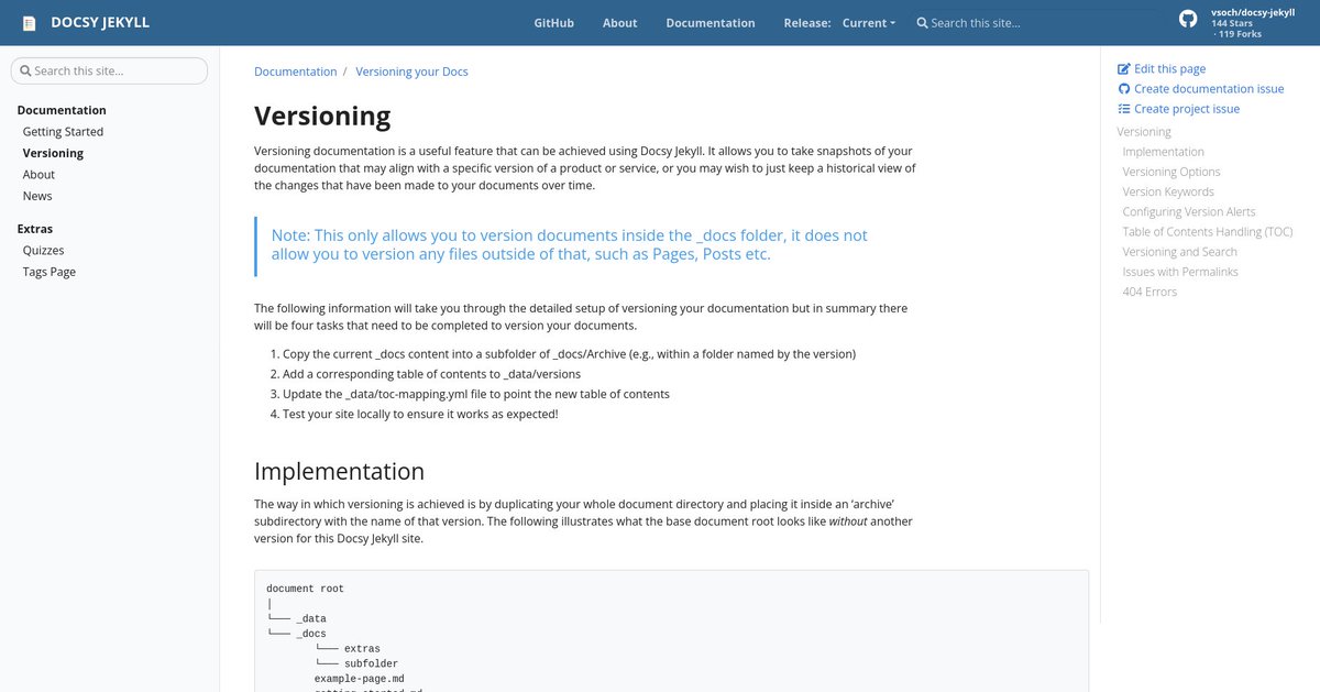 vsoch's tweet photo. After 3 days of fun review and tweaking, I'm excited to share that I've just merged probably one of the most robust and well done pull requests for a docs repository that I have ever received! 🎉 The beautiful #docsy #Jekyll now has support for versioning! On GitHub pages! 😁 https://t.co/TyVifxg7DF