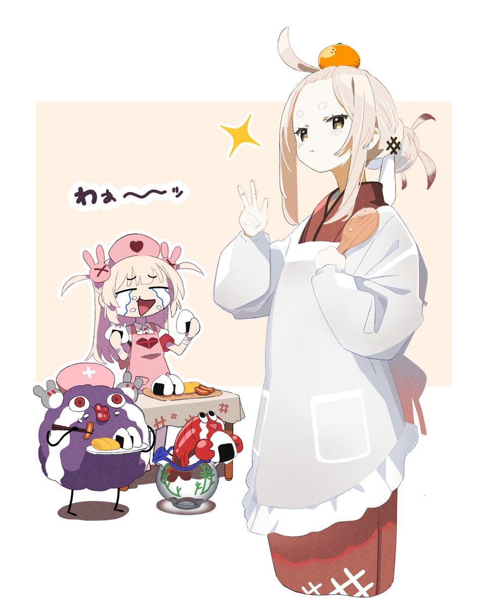 natori sana apron food eggplant pink apron hair ornament rabbit hair ornament kappougi  illustration images