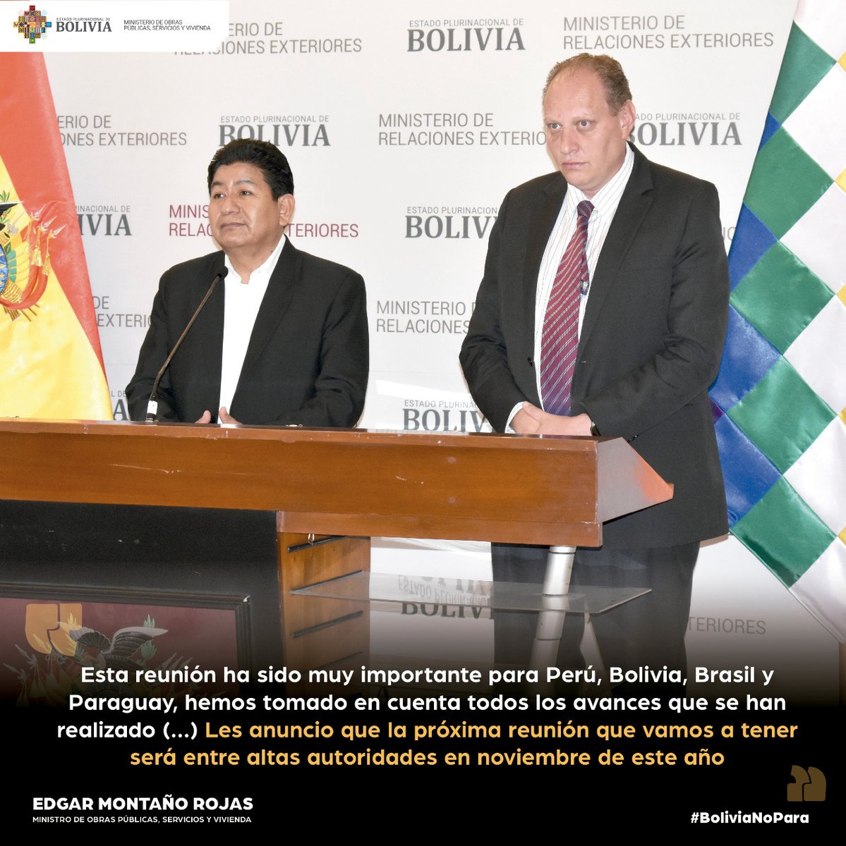 mopsv_Bolivia's tweet photo. ✍#FraseDelDía | Tras concluirse la reunión sostenida en el #GOB, el ministro de Obras Públicas, indicó que los países de #Bolivia, #Paraguay, #Perú y #Brasil, expusieron los avances en el Corredor Ferroviario Bioceánico de Integración - #CFBI.
#EstamosSaliendoAdelante https://t.co/FE43TXik0N