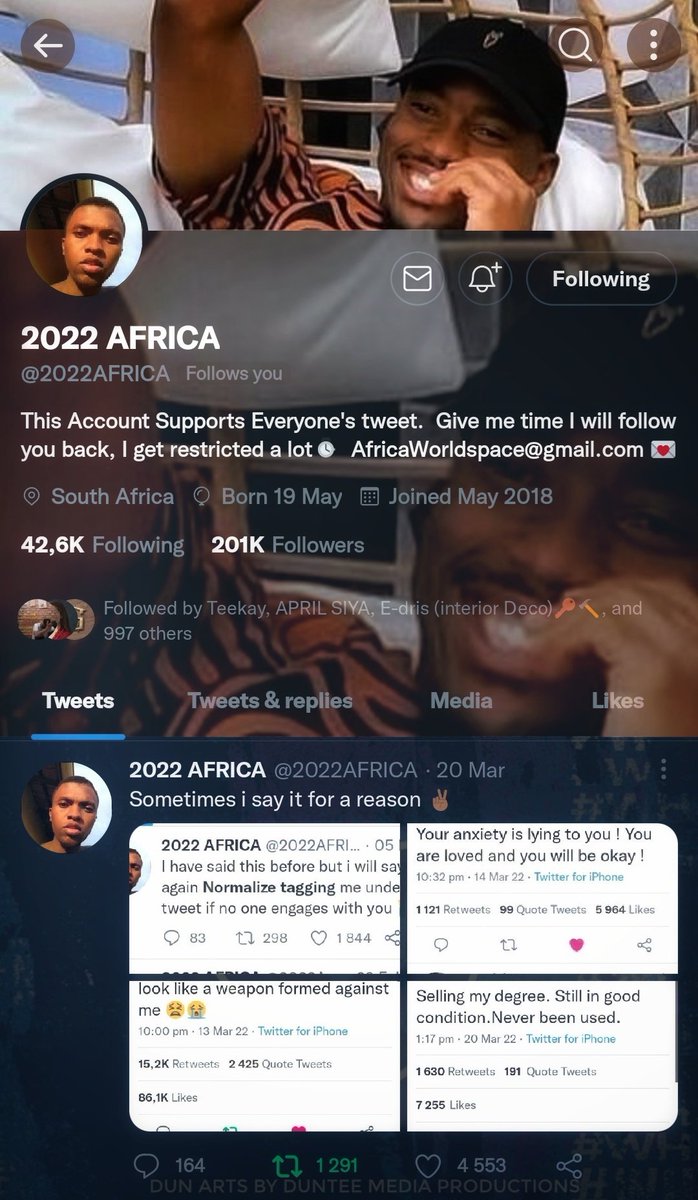 ItsDuntee's tweet photo. Appreciation💛post for @2022AFRICA 
Big shout out brother for supporting everyone's tweets. Twitter is fun when people are interacting severally, small or big account. 
May you continue supporting tweets and may well grow beyond 250K followers post fall.👏Danko! https://t.co/rlyA4JlCdy