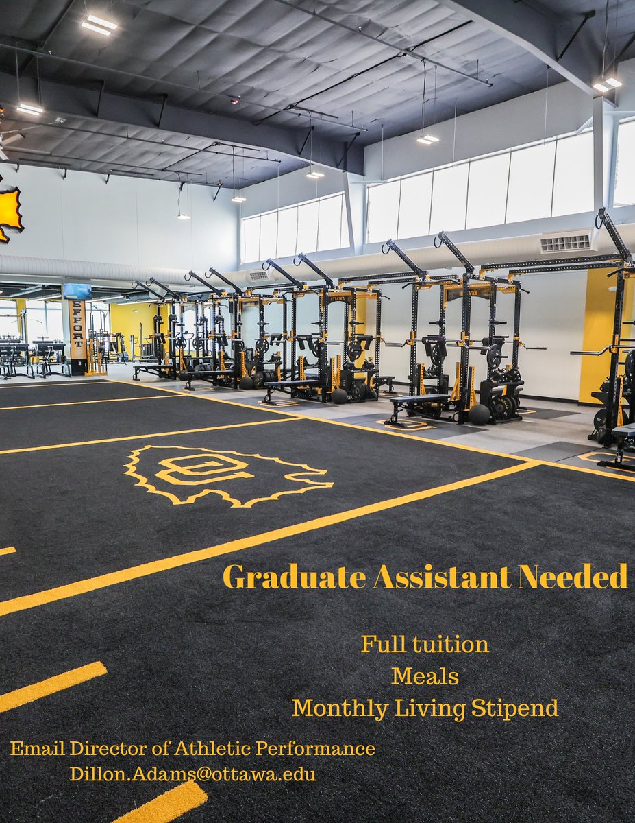 OU Braves Athletic Performance (@bravesathperf) on Twitter photo We are looking to hire one Graduate Assistant for Athletic Performance starting immediately. Position comes with full tuition, meals and a monthly living stipend. Will be working with 4-5 teams as assigned. Please send Resume and Cover Letter to Dillon.Adams@ottawa.Edu We are looking to hire one Graduate Assistant for Athletic Performance starting immediately. Position comes with full tuition, meals and a monthly living stipend. Will be working with 4-5 teams as assigned. Please send Resume and Cover Letter to Dillon.Adams@ottawa.Edu