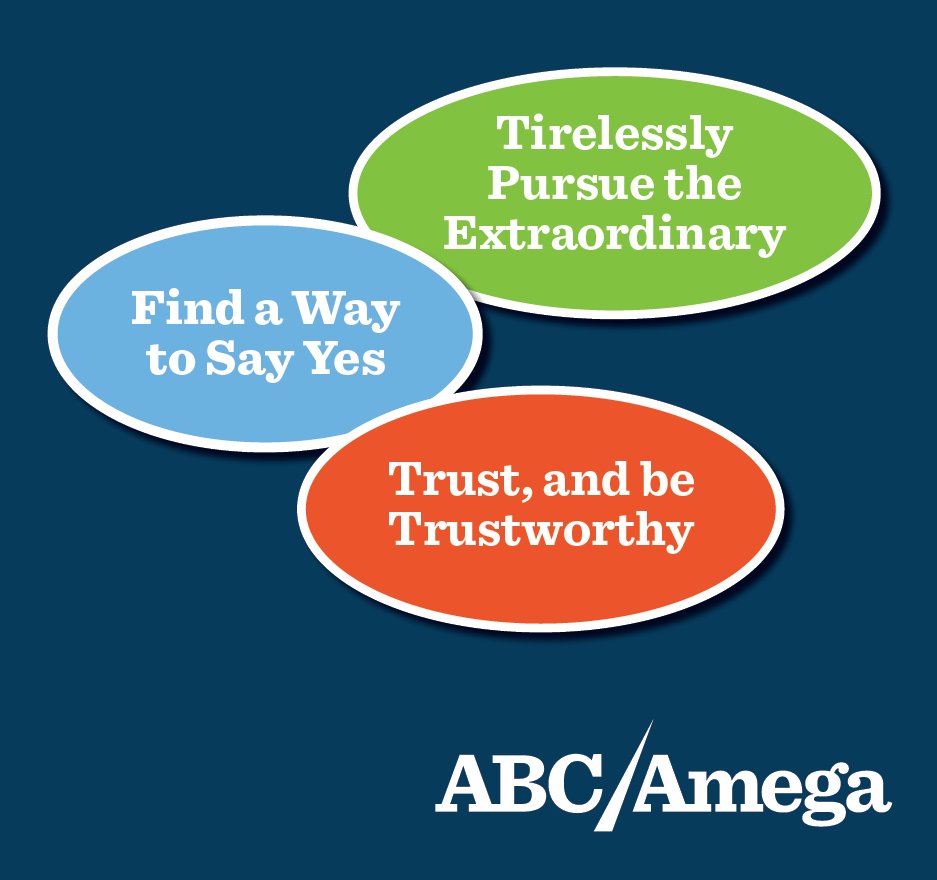 Show your employees and customers what your company values most. At ABC-Amega, we:
✨Find a Way To Say Yes.
✨Trust, and Be Trustworthy.
✨Tirelessly Pursue the Extraordinary.
Learn more about our values at: abc-amega.com/about-us/ 
#professionalwellnessmonth #corporatevalues