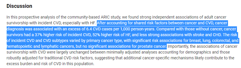 ARIC-Cancer study: jacc.org/doi/10.1016/j.… Cardiovascular Disease Risk Among Cancer Survivors: The ARIC Study Cancer survivors had a higher risk of CVD in the contemporary cohort compared to older cohorts. Interestingly not with PC! @nih_nhlbi
