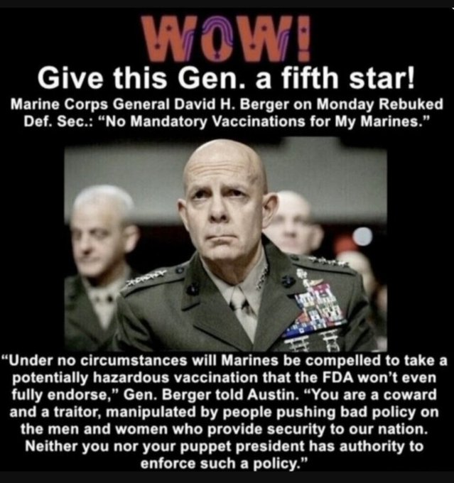 Gitmo99's tweet photo. General Berger announced "No mandatory vaccinated for my marines" Lots of wins for MAGA lately https://t.co/meLe3IH9Dk