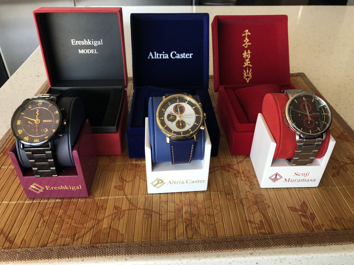 Xzero's tweet image. Fate Grand Order Watch Collection
Ereshkigal, Caster Artoria, &amp;amp; Muramasa in the collection so far 🙂 #FGO @aniplex_plus @aniplexUSA @FateGO_USA @seikowatches