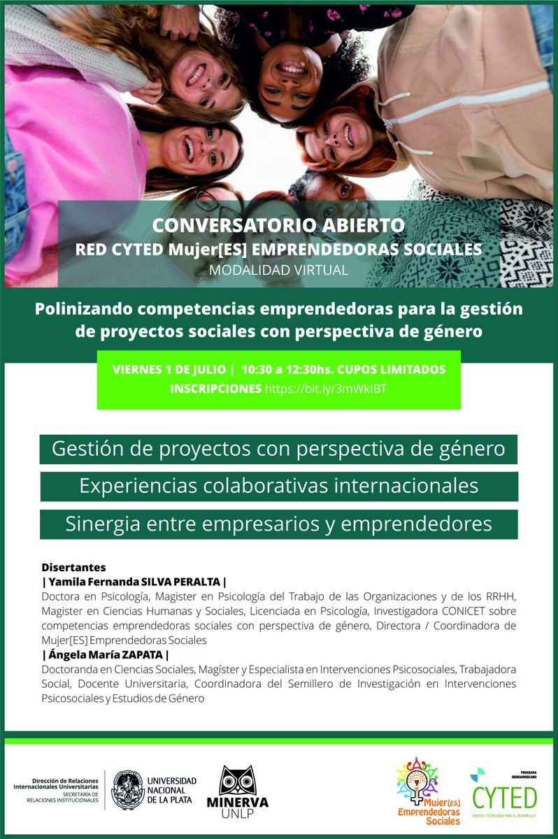 SRIUNLP's tweet photo. 🗣️👩‍💻Conversatorio abierto Red CYTED Mujer[ES] Emprendedoras Sociales. Polinizando competencias emprendedoras para la gestión de proyectos sociales con perspectiva de género https://t.co/xmCLJMkpMY a través de @UNLP 

#EmprendedorasSociales #ProyectosSociales  #RedCYTED https://t.co/kE04pRloz2