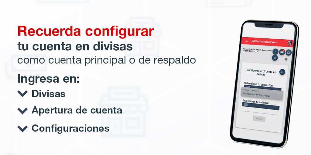 Para realizar tus operaciones con las cuentas en divisas BDV, te recordamos configurarla como principal o de respaldo a través de BDVenlínea 💻

#ElBancoEnTusManos