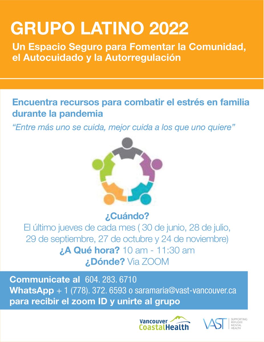 VAST_BC's tweet photo. Grupo Latino 2022 - info down below. First group is this Thursday, June 30th! 

#VAST #healing #community #refugees #WithRefugees #Canada https://t.co/tW3abXNPsu