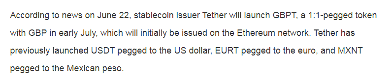 Anny7713773's tweet photo. Tether to launch GBP stablecoin GBPT in early July  #USDT #Tether https://t.co/frcl6VvEtY