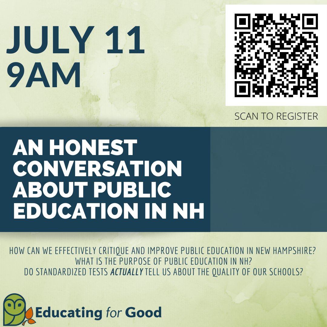 Join us ✨JULY 11 AT 9AM ✨ in discussing how we can effectively critique and improve New Hampshire's public education! 

What is the purpose of public education in New Hampshire? What are your hopes for learners in your community? 

RSVP(zoom)👉 bit.ly/3btO9bV