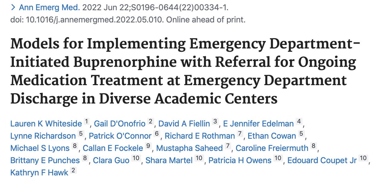 YaleADM's tweet photo. Newly published, Whiteside et al describe the models for implementing ED-initiated #buprenorphine at 4 diverse urban, academic medical centers across the country as part of a federally funded effort termed "Project ED Health." Read more: https://t.co/7EX12rrCtx https://t.co/2Ef5oTDgoC