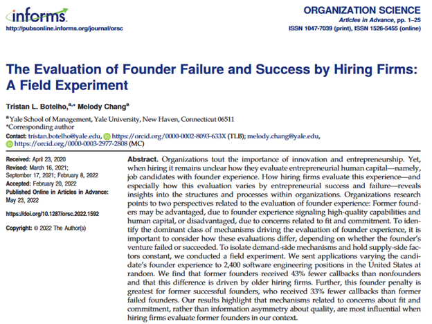 tristanbotelho's tweet photo. 1/Newly published paper with @MelodyHChang, open access @OrganizationSci: https://t.co/lmqXZQfXlF

Organizations express the desire for entrepreneurial &amp; innovative human capital. When hiring, do firms evaluate former founders differently than non-founders? https://t.co/VjZE5CZljg