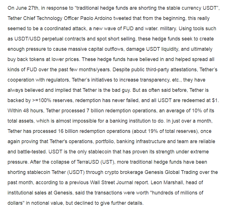 Anny7713773's tweet photo. Tether CTO responds to hedge fund shorting rumors: USDT is a reliable stable currency and has been redeemed normally.#USDT #Tether https://t.co/YnzxrtdncT