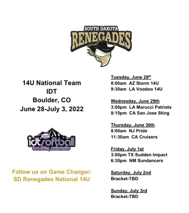 We are honored to have been invited to play in the 14U Division of the IDT Tournament taking place in Boulder, CO this week! We are excited to face incredible competition from around the United States! Let’s go Renegades! <a href="/BoulderIDT/">Boulder IDT</a>