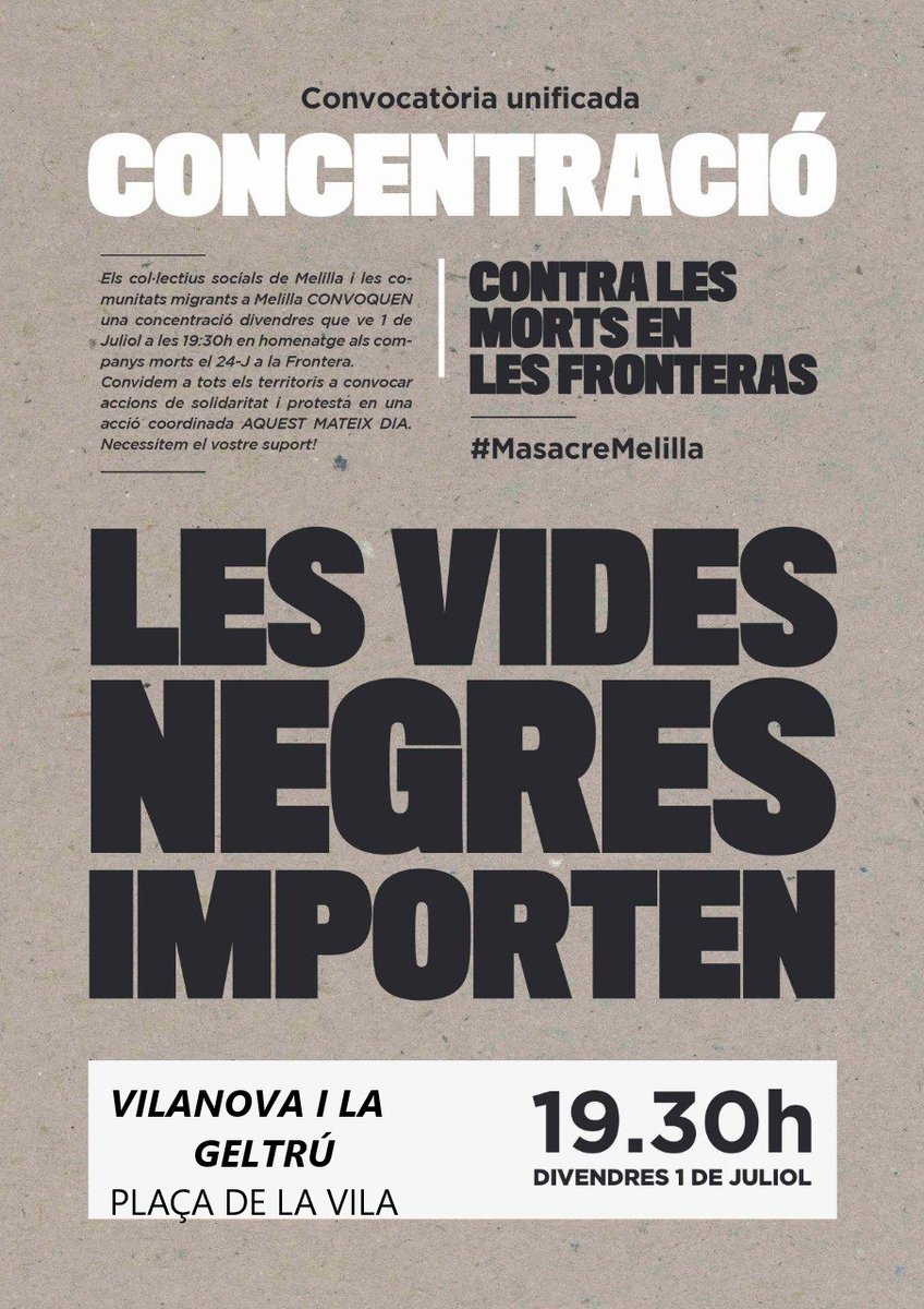 Us esperem divendres a la plaça de la Vila de Vilanova i la Geltrú per denunciar els assassinats de Melilla i les polítiques racistes i genocides de la UE.