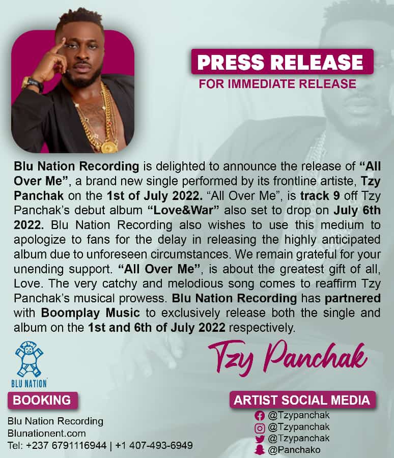 TrackOneTv1's tweet photo. @Tzypanchak about to drop his first studio album #love&amp;war exclusively on @BoomplayMusic as from July 5th and the first single off the album #alloverme drops on July 1 https://t.co/UrQGsdSUOA